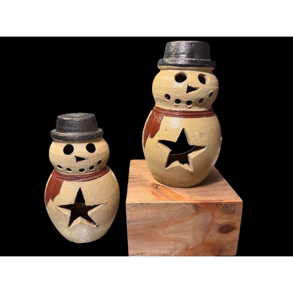 2 VTG Primitive Folklore Snowmen Hand Thrown Stoneware Tea Lights Made In Mexico